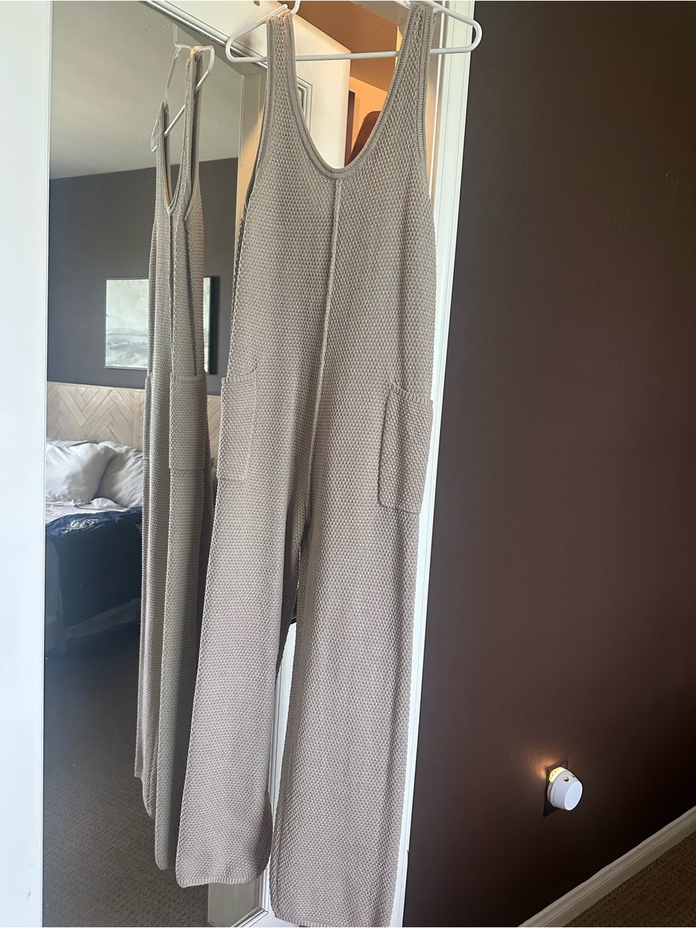 Vici Taupe Knit Tank Jumpsuit with Front Pockets - Picture 2 of 5